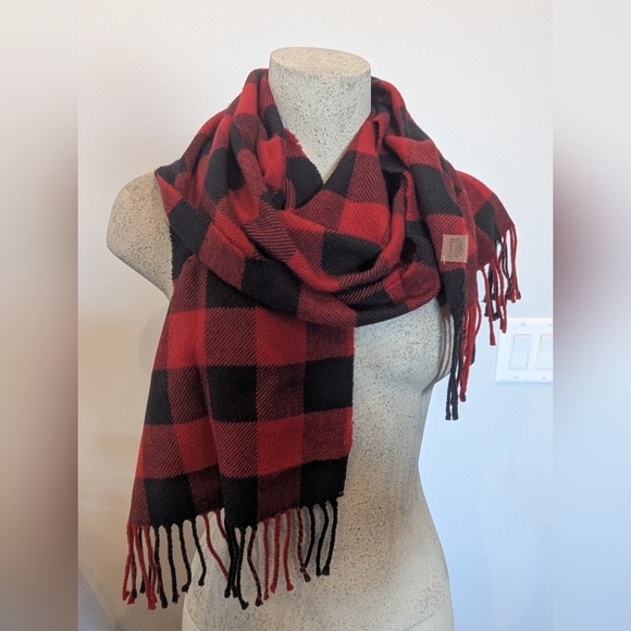 Roots Scarf red & black plaid with leather brand tag O/S gender free - Picture 1 of 12